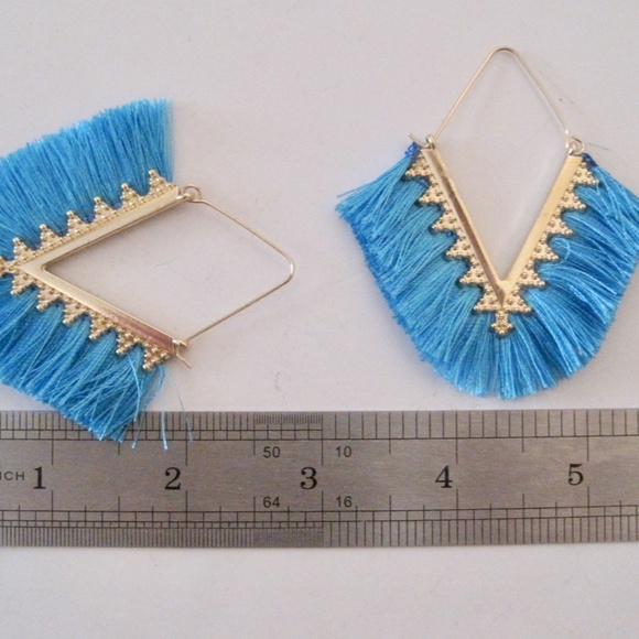 Fringed Turquoise Tassel Drop Earrings Statement - Picture 3 of 5